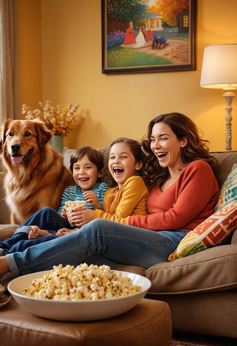A cozy living room scene with a mother and her children laughing while watching a colorful TV show. The room is filled with blankets, popcorn bowls, and family-friendly decor. A warm glow from the screen illuminates their excited faces, while vibrant show posters decorate the walls. Include a playful dog lounging nearby for a family-feeling. vibrant colors. cozy atmosphere. painting.