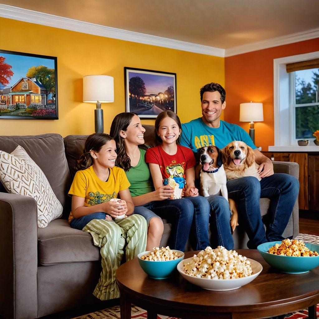 A cozy living room scene depicting a diverse family gathered on a comfortable couch, joyfully watching a television show together. The screen is illuminated, showcasing vibrant scenes of popular family-centric TV shows. Include playful elements like popcorn and a dog cuddled up with the kids, capturing warmth and connection within the family unit. The setting should feel inviting and dynamic, evoking happiness and engagement. super-realistic. vibrant colors. warm lighting.