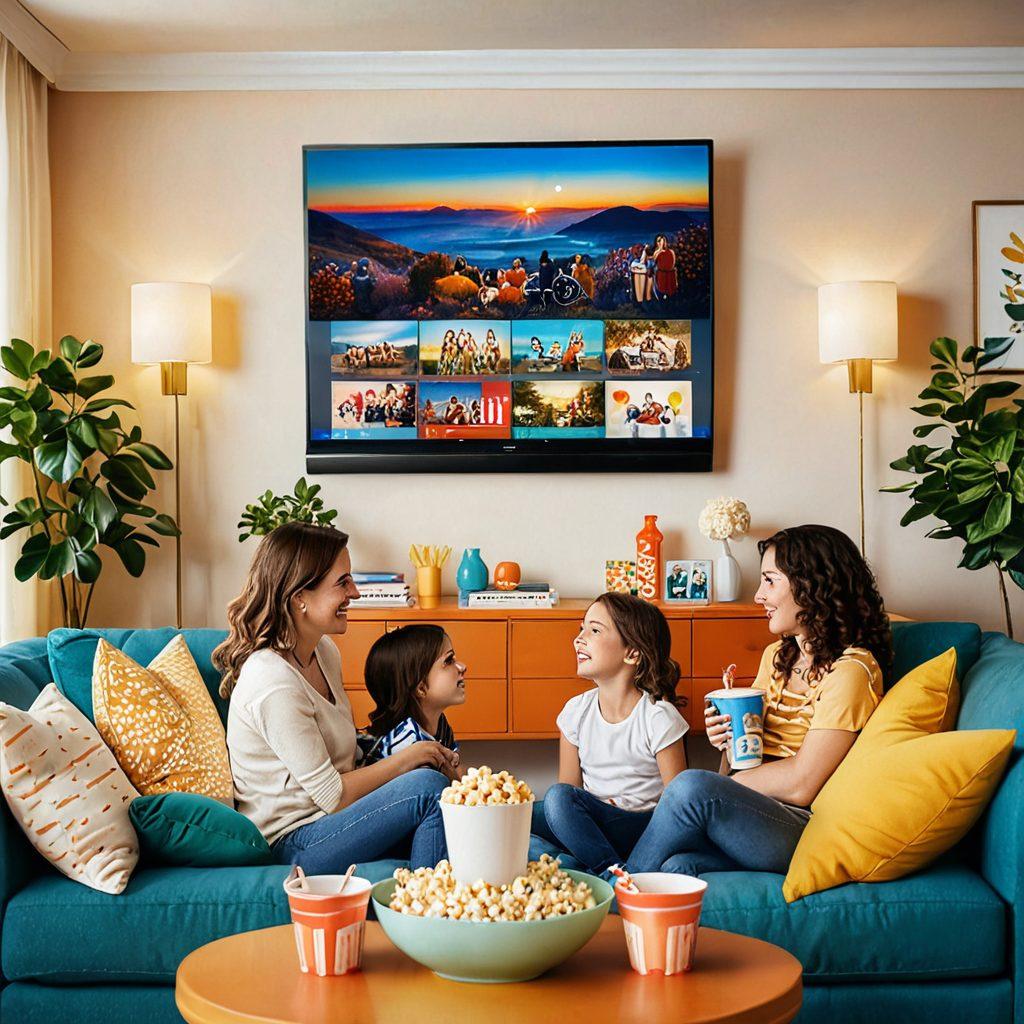 A cozy living room scene depicting a mother with her children gathered around a large TV displaying a colorful family movie. The walls are adorned with playful family pictures, popcorn bowls are scattered, and a couch is filled with soft pillows. Joyful expressions on the family's faces highlight the fun atmosphere, infused with warm lighting to create a welcoming vibe. Illustrate it in vibrant colors with a hint of cartoonish style.